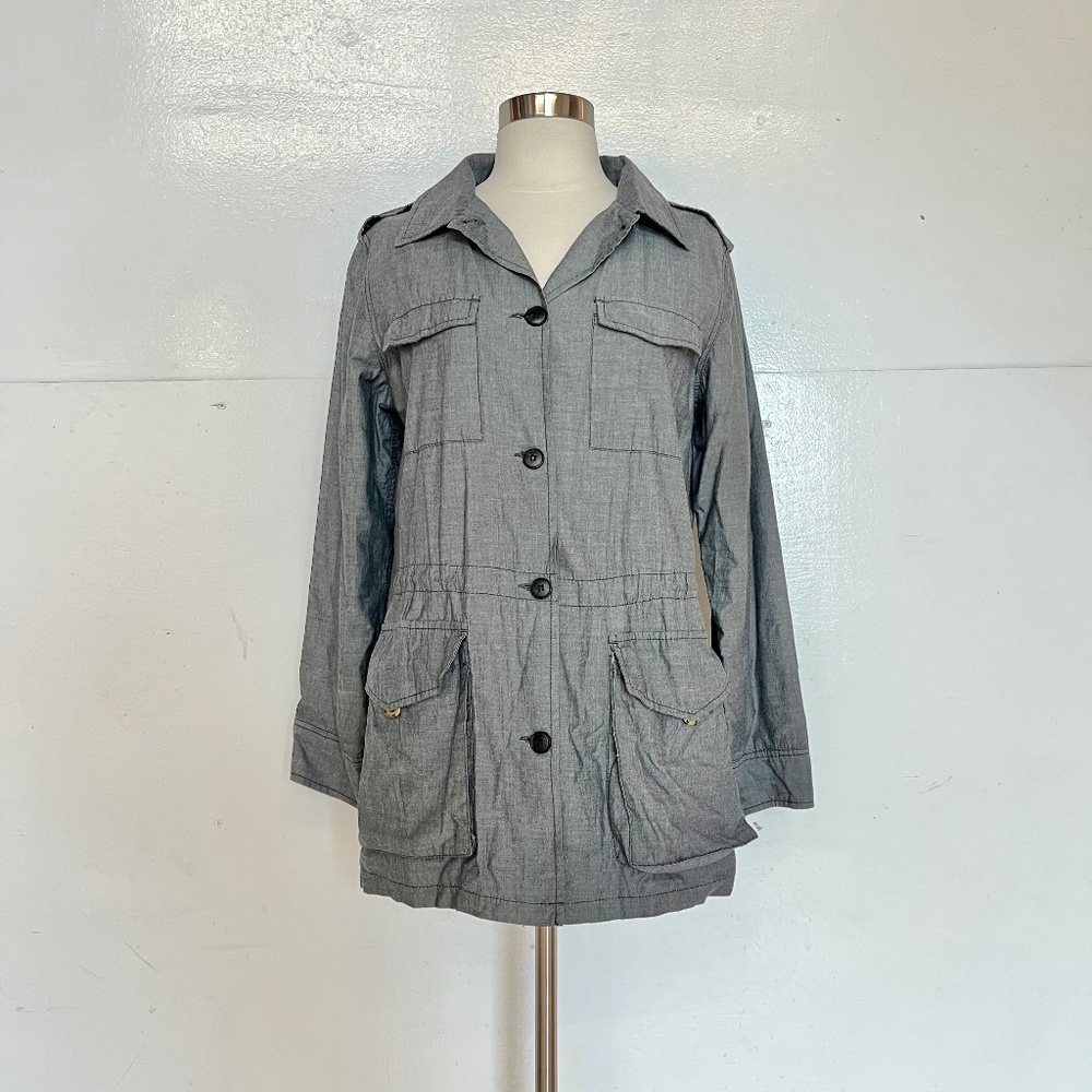 Joe’s Cotton Utility Long Jacket Coat Grey Drawstring Waist Botton Up